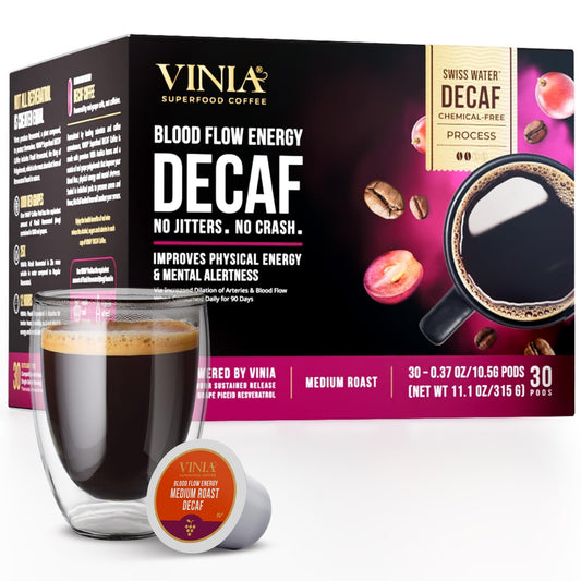VINIA Blood Flow DECAF Coffee - Medium Roast Superfood Coffee Pods, Swiss Water Process Powered by Red Grape Piceid Resveratrol Boost Energy Compatible with K Cup Coffee Pods Machines, Caffeine Free, 30 Ct