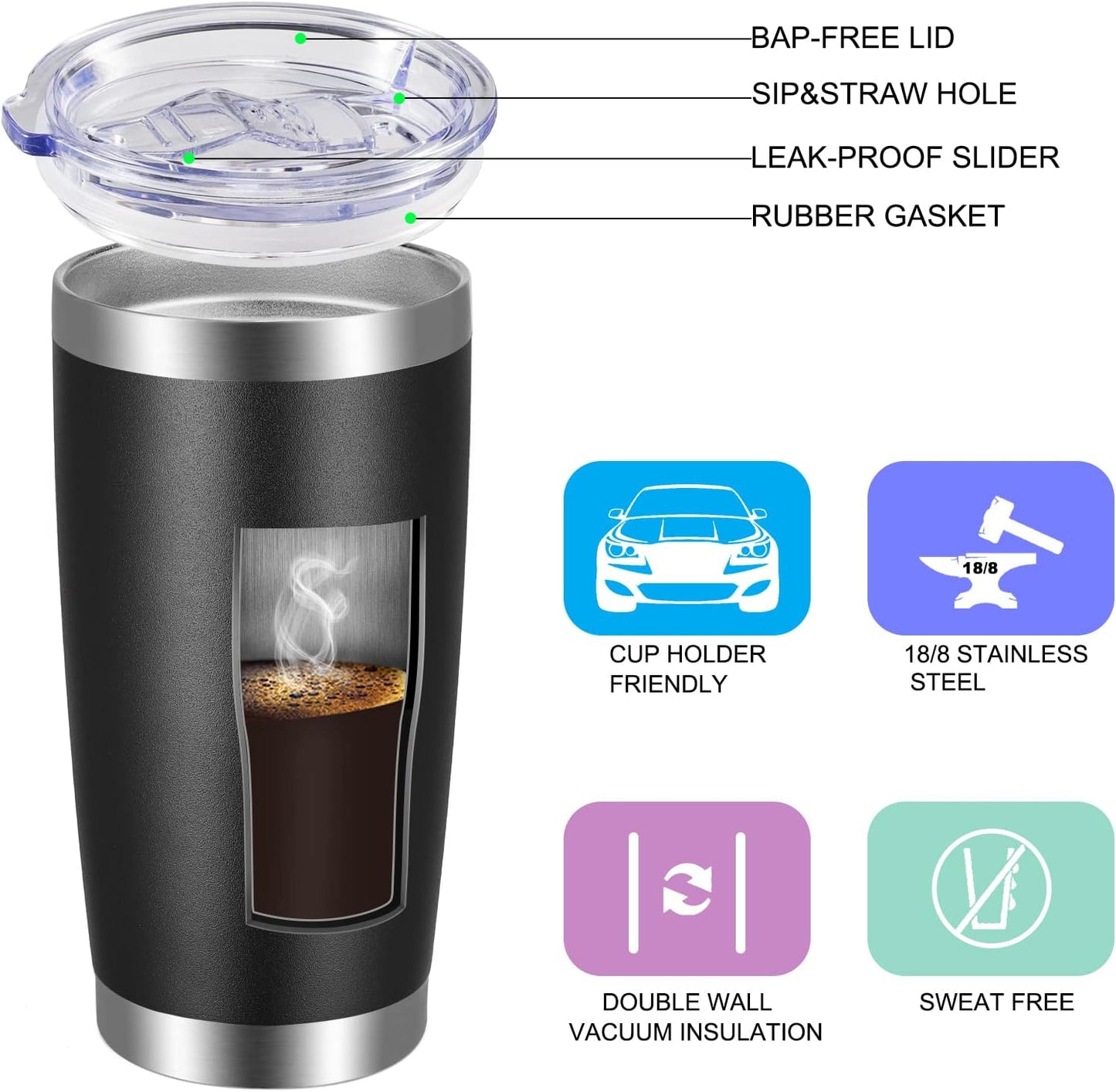 VEGOND 20oz Tumbler with Lid and Straw Stainless Steel Tumbler Cup Bulk Vacuum Insulated Double Wall Travel Coffee Mug Powder Coated Coffee Cup(Black 6 Pack