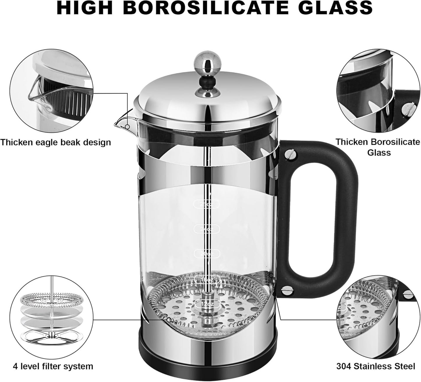 34 Ounce French Press Coffee Maker Chromium Stainless Steel Coffee Press, with 4-Level Filter System, Heat Resistant Thickness Borosilicate Glass, BPA-Free Brewed Coffee Pot for Camping Gifts