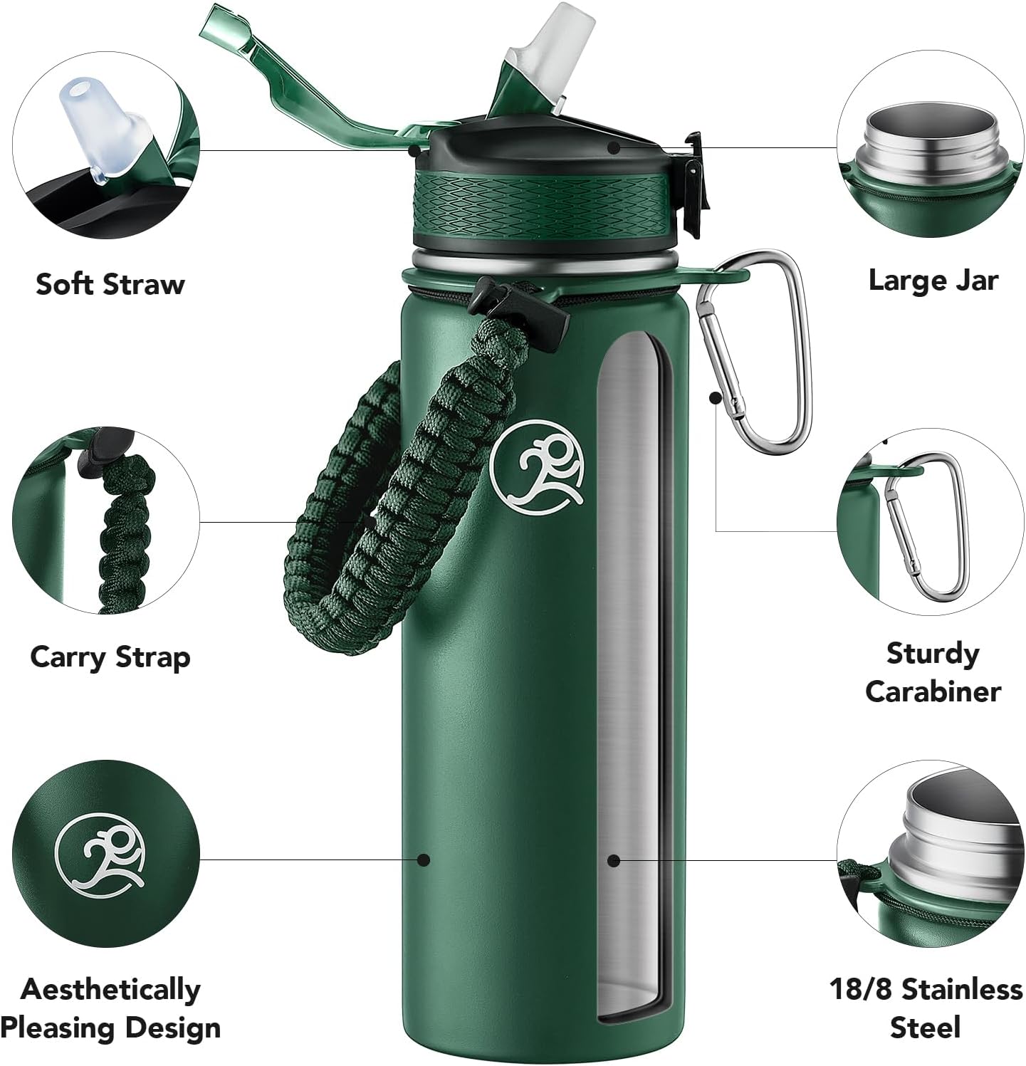 GOSWAG Insulated Sports Water Bottle, 24oz 2 Lids(with Straw/No Straw), Stainless Steel Water Bottles with Paracord Handle, Insulated Bottle with Double-Wall Vacuum Insulation