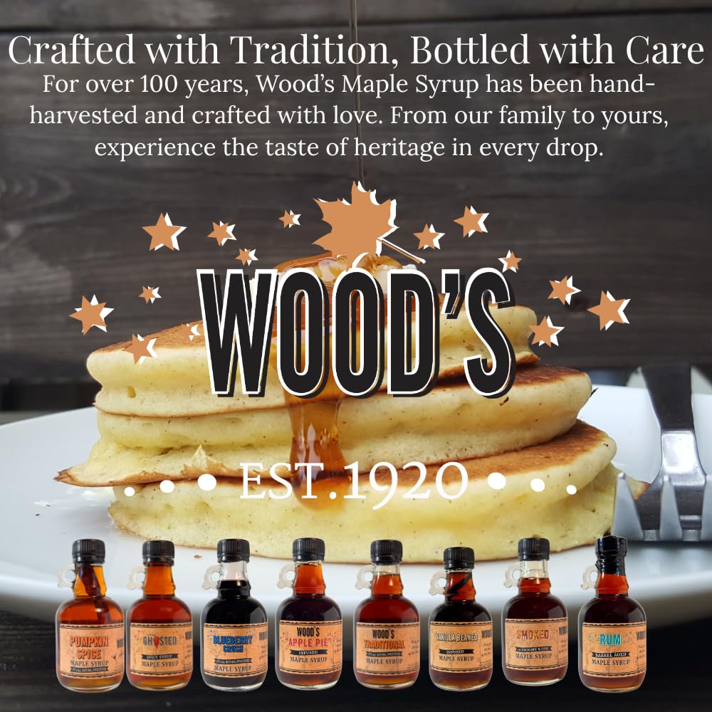 WOOD'S Vermont Bourbon Barrel Aged Maple Syrup – Premium Maple Syrup with Rich Flavor & Subtle Bourbon Notes – Ideal for Pancakes, Desserts, and Cocktails – 8.45 oz