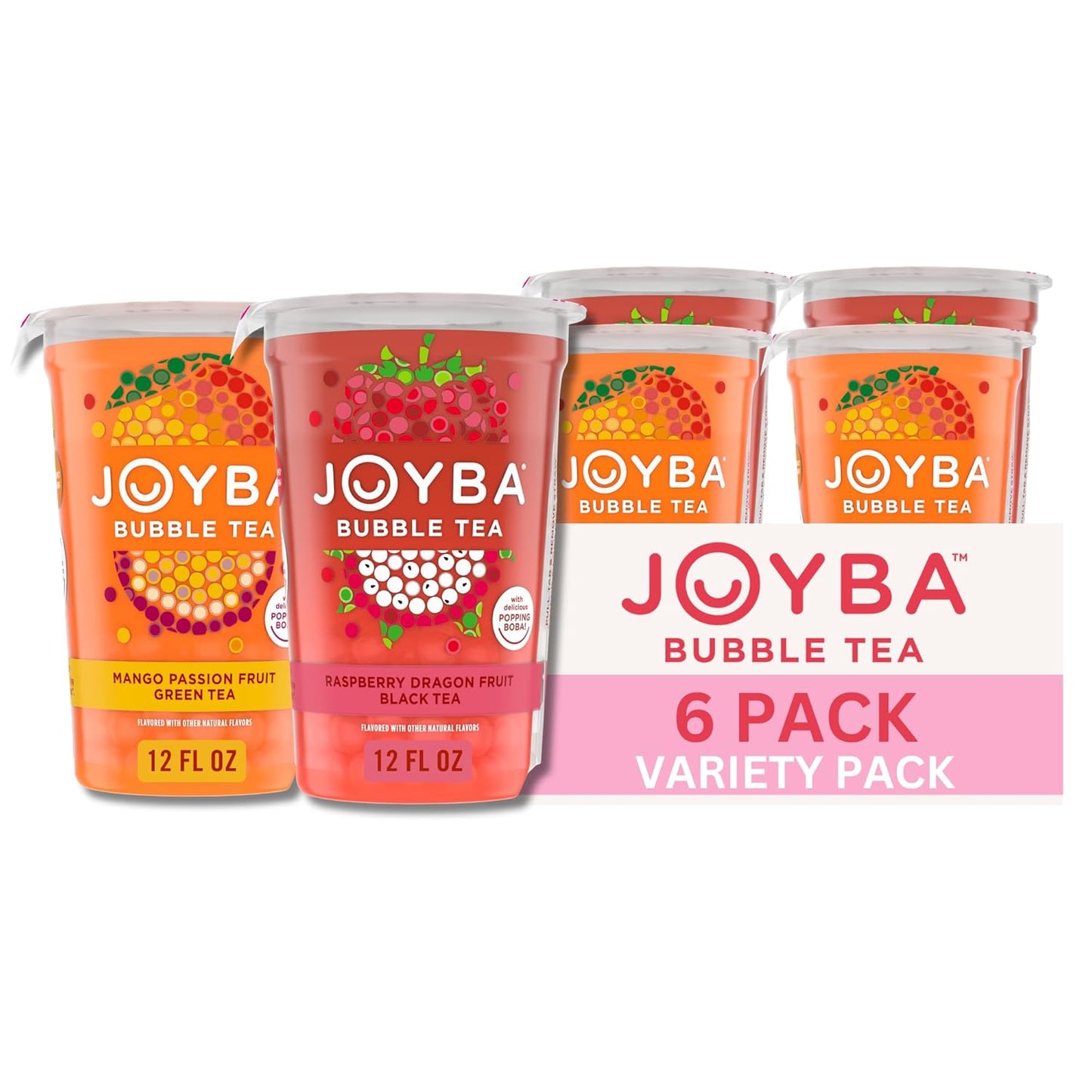 Joyba Bubble Tea Variety Pack, Mango Passion Fruit Green Tea & Raspberry Dragonfruit Black Tea with Popping Boba, 6 Pack, 12 fl. oz. Cups