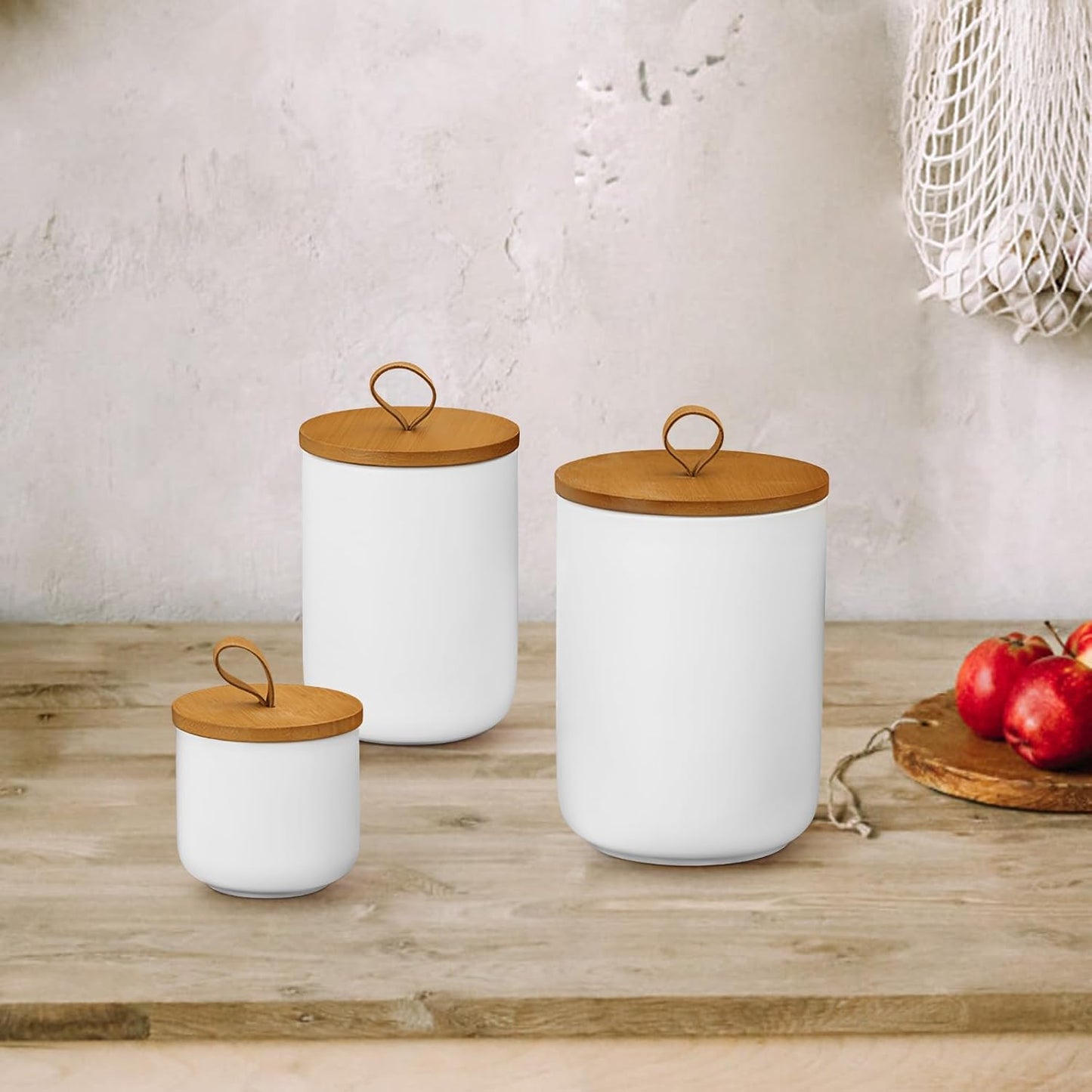 Ceramic Storage Jars, Modern Elegant Highly Polished Airtight Gorgeous Storage Canisters with Wooden Lid Small Food Stroage Jar for Kitchen Spice Tea Vanilla Sugar Coffee Beans (White medium)