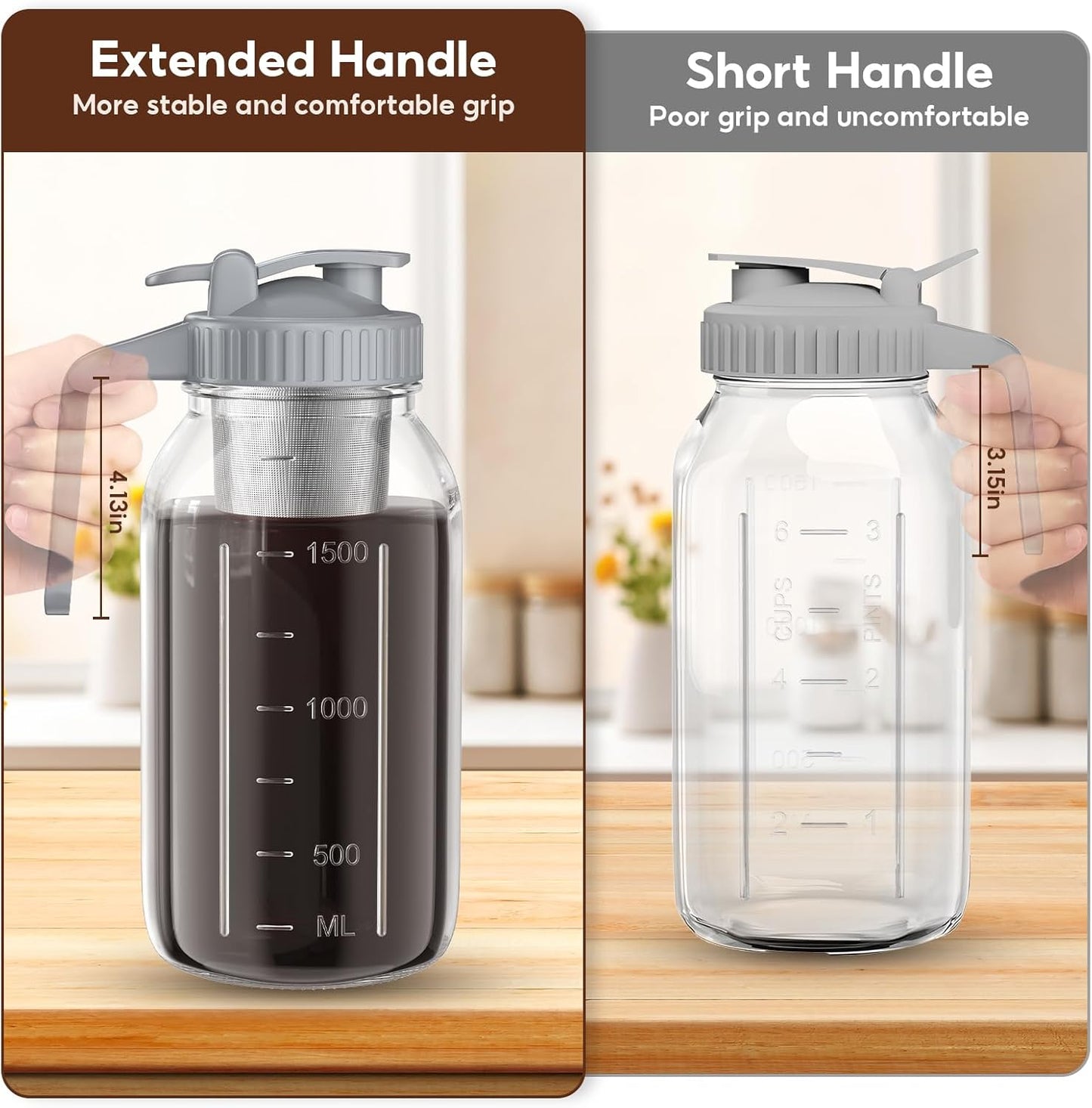 2 Pack 64 oz(2 Quart / 1.9 Liter) Cold Brew Coffee Maker Jar - Glass Cold Brew Maker with Handle, Stainless Steel Filter&Leak-Proof Lid, Heavy Duty Cold Brew Pitcher for Iced Coffee, Sun Tea, and Milk