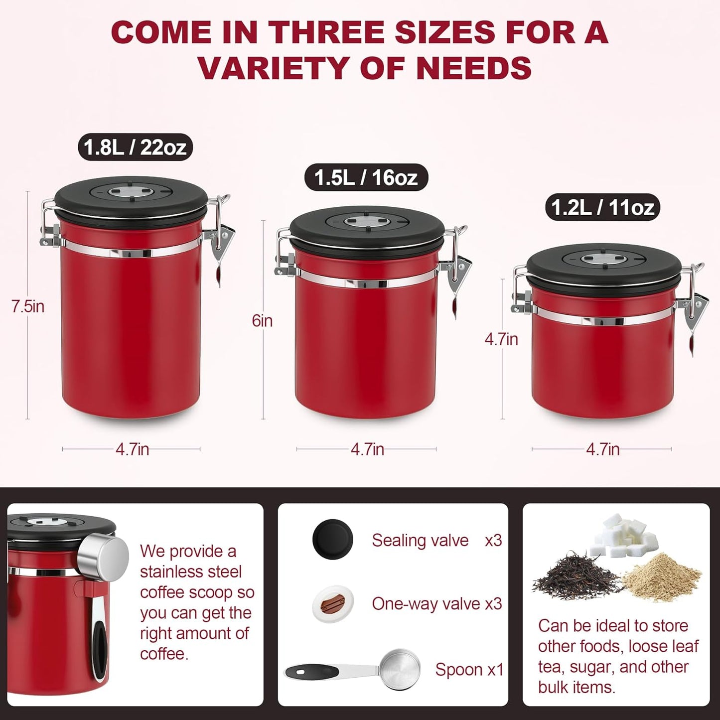 ShanSon Coffee Canister Airtight Coffee Container Stainless Steel Coffee Bean Storage Container with Scoop Coffee Canister for Beans Grounds Sugar Flour Tea Cereal,16OZ,Red