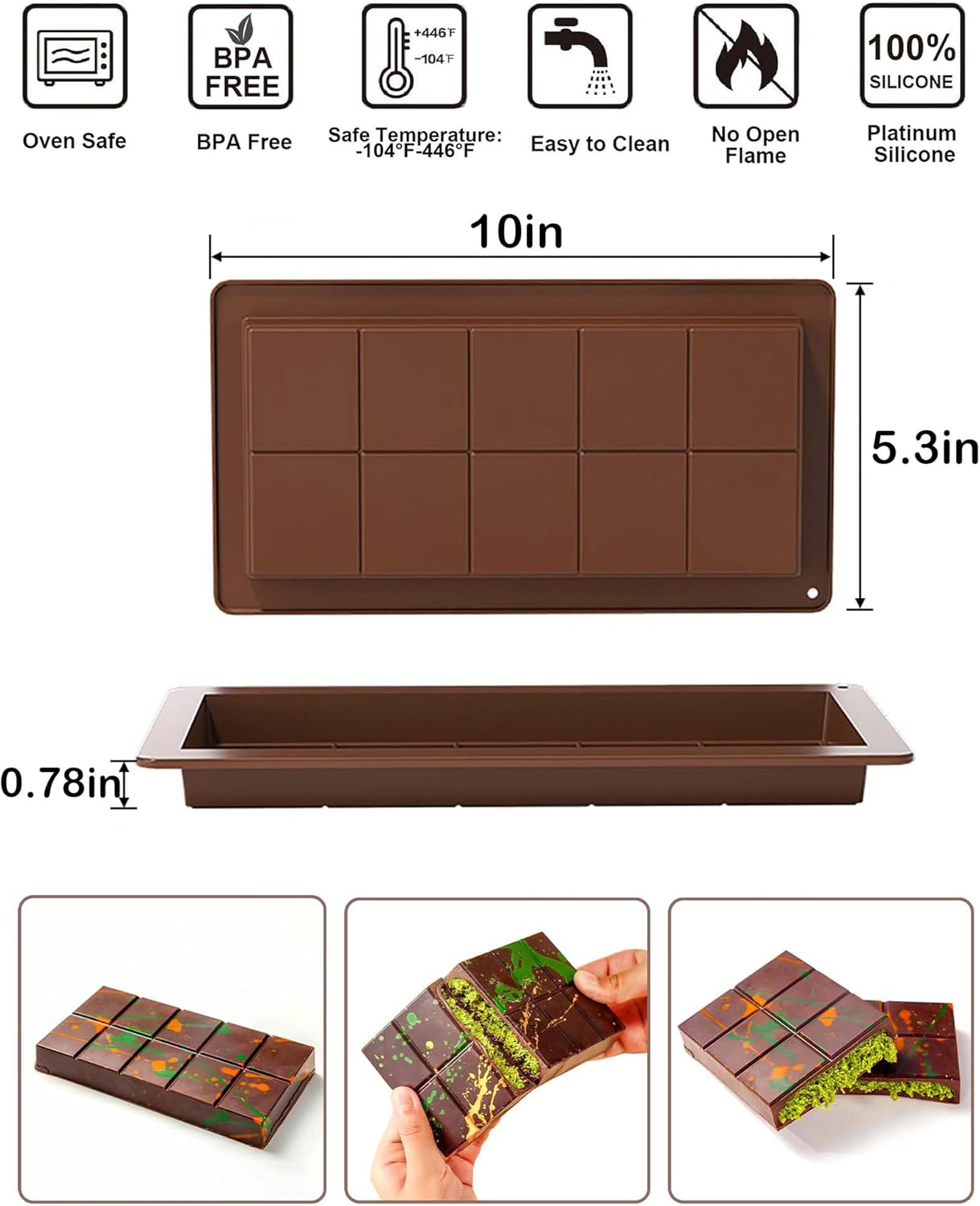LGQUK Dubai Chocolate Bar Mold Silicone Chocolate Bar Molds, Deep Rectangular, 2 Pack, Large Size for Stuffed Bars (2PCS Deep Size)