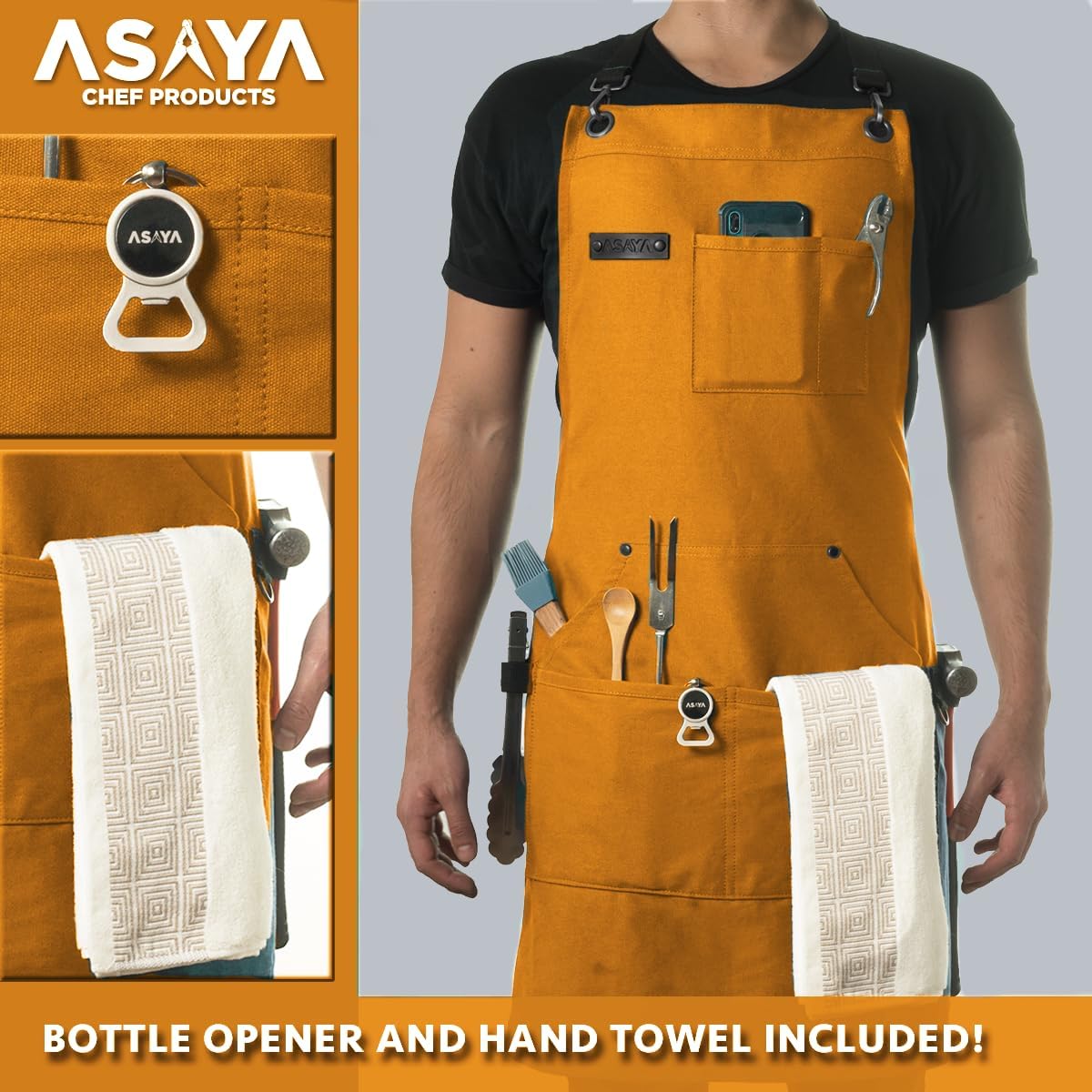 Asaya Chef and BBQ Apron with Bottle Opener and Hand Towel - 10oz Cotton Canvas, Stainless Steel Hardware - Cross Back Straps