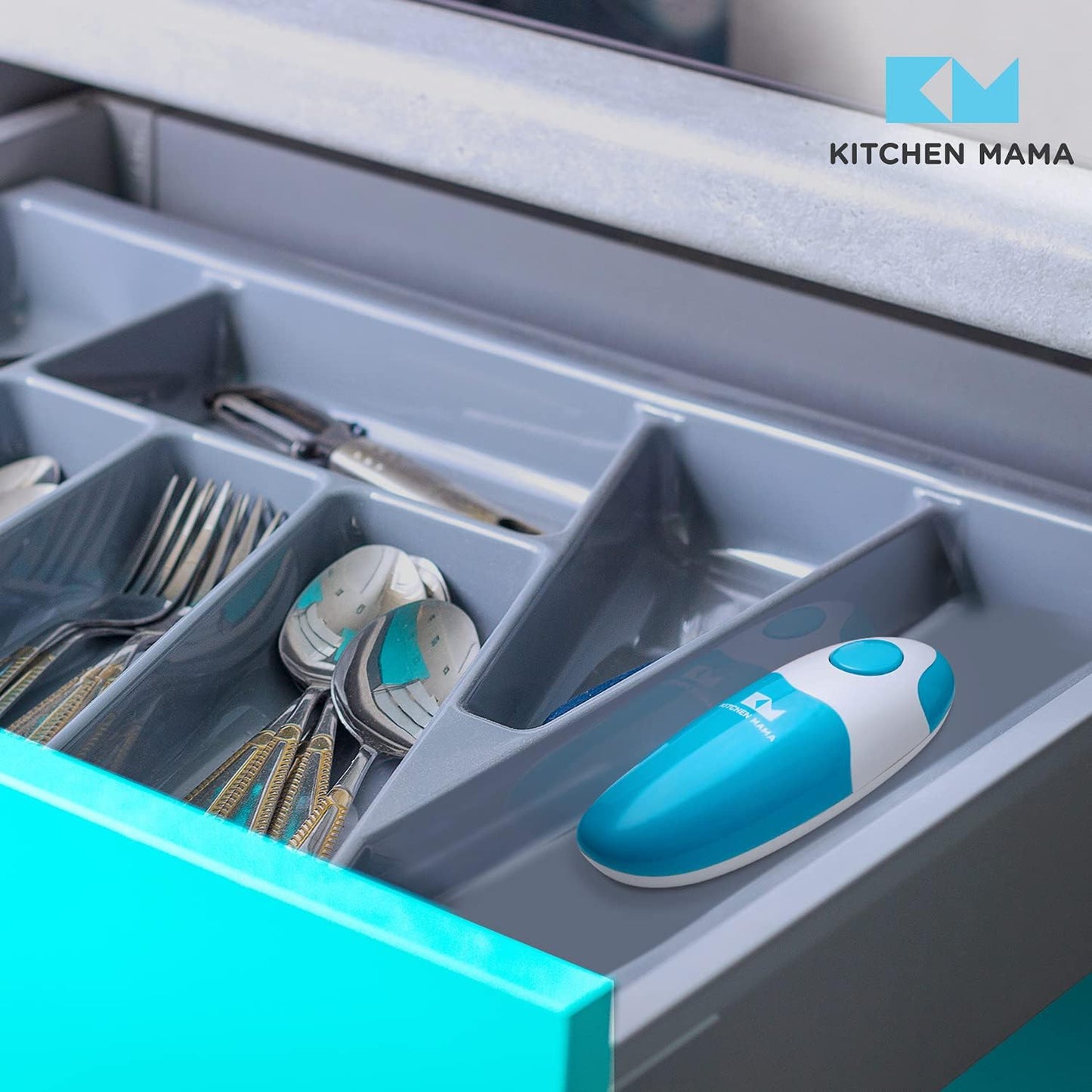 Kitchen Mama Auto Electric Can Opener: Safe, Easy with One Touch, Smooth Edge, Battery Operated, Cordless, Automatic Can Opener for Seniors with Arthritis, Hand Free Appliances, YES YOU CAN (Sky Blue)