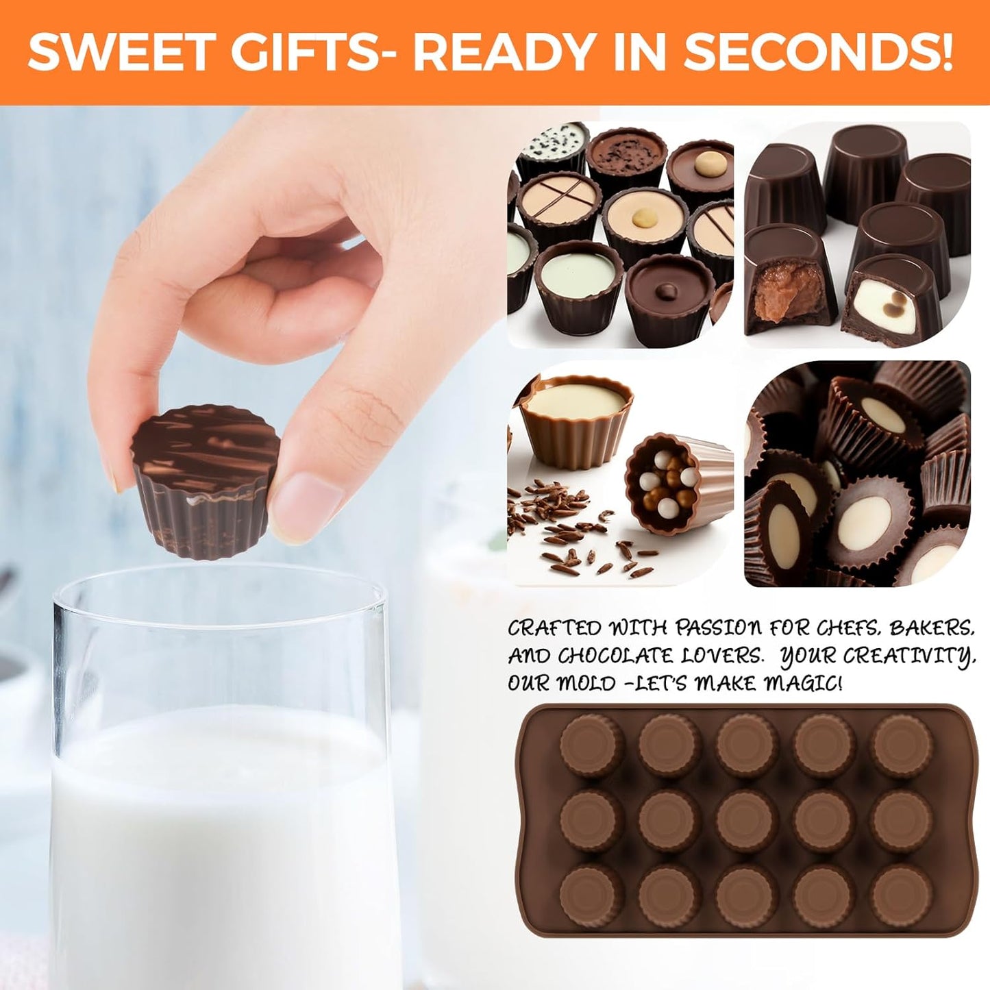 Peanut Butter Cup Mold, 15 Cavity Chocolate Candy Molds, Silicone Baking Mold for Snack Size Mini Peanut Butter Cup, Jelly, and Cordial, Pack of 2