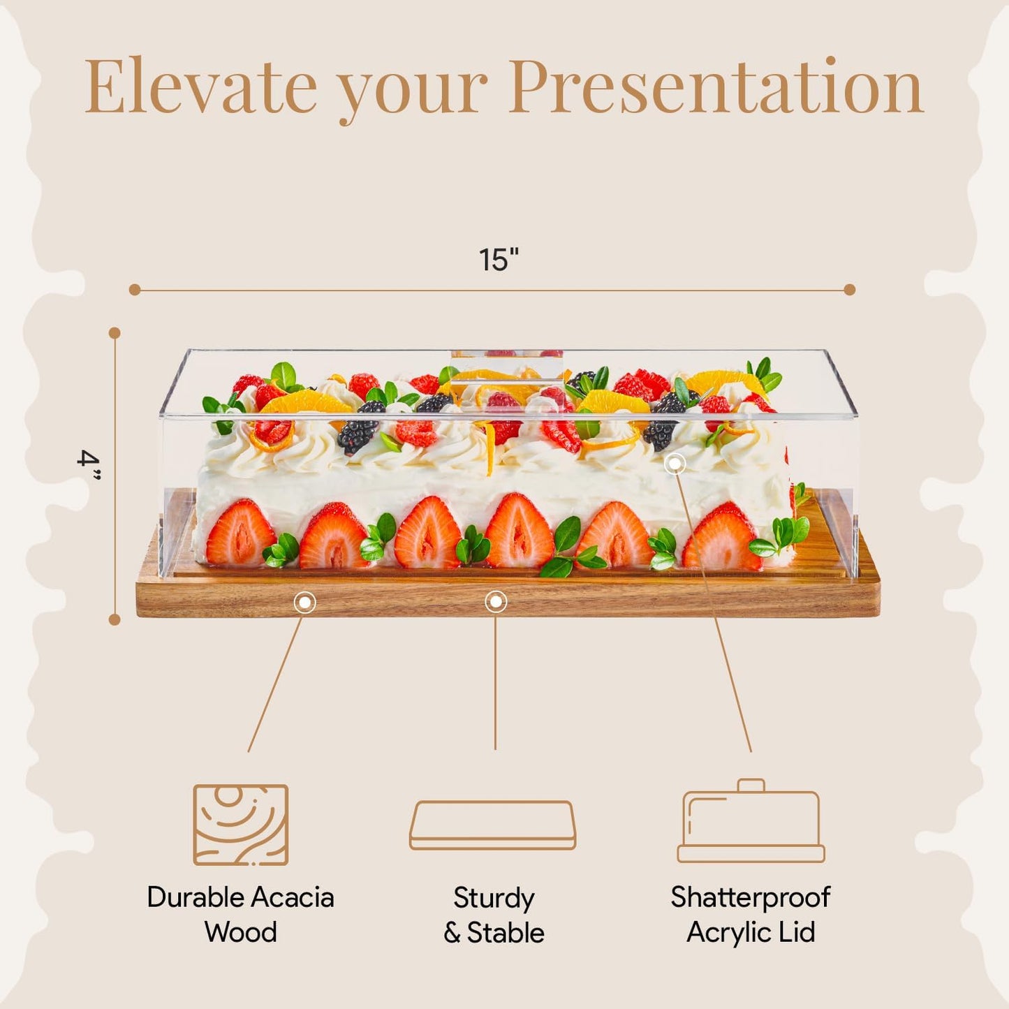Cake Display with Lid – Acacia Wood Dessert Stand & Wooden Charcuterie Board with Lid for Loaf Cakes, Bread, Pastries, Cheese, Large Rectangle Wood Tray Platter & Acrylic Cover, 15 x 6.25”
