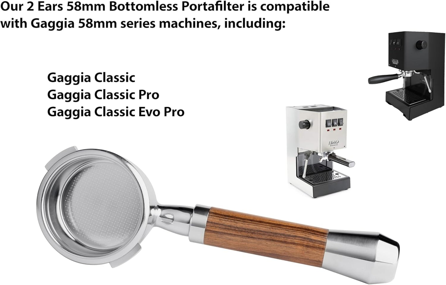 LILQ 58mm Bottomless Naked 2 Ears Portafilter Compatible with Gaggia Machines– Includes 18–20g Basket (Blackwood Smooth)