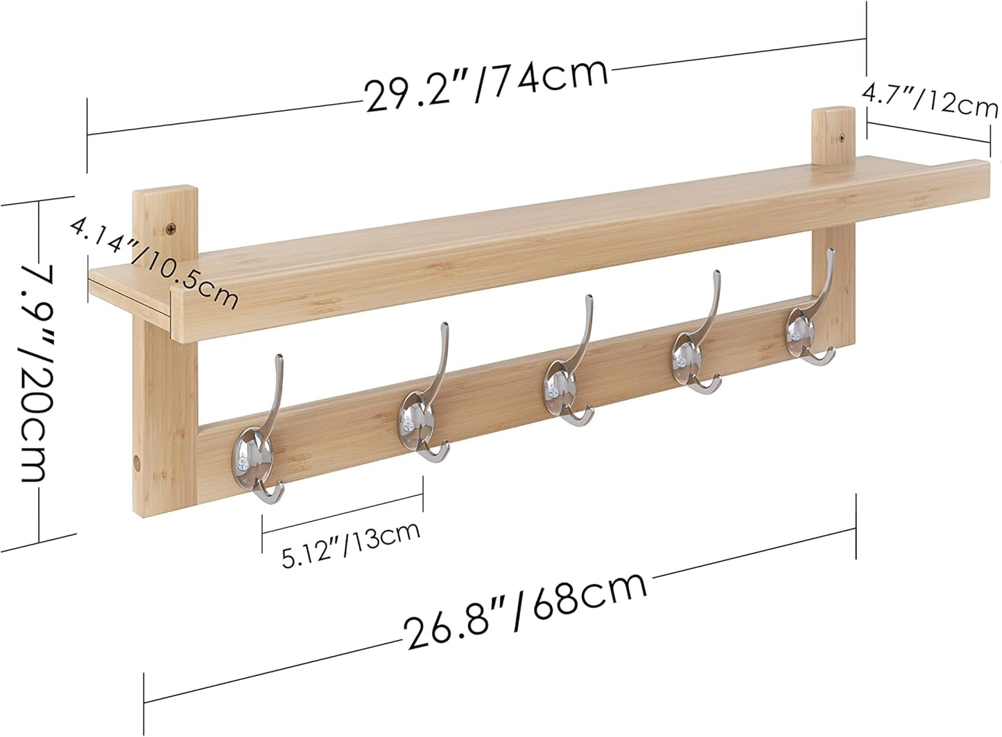 SMIBUY Coat Hooks with Shelf Wall-Mounted, 29.2 Inch Entryway Coat Rack for Wall, Bamboo Hanging Shelf with 5 Double Metal Hooks for Bathroom, Bedroom, Kitchen, Living Room, Mudroom (Natural)