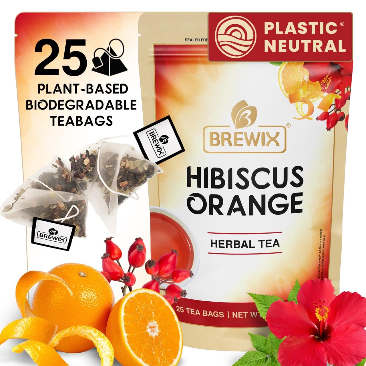 BREWIX, Hibiscus Orange Tea Bags (25 Plant Based Tea Bags) Caffeine-Free, Made with Real - Hibiscus Flowers, Rosehip, Orange Peel, Raspberry Leaf | Contains Antioxidants & Support Overall Health