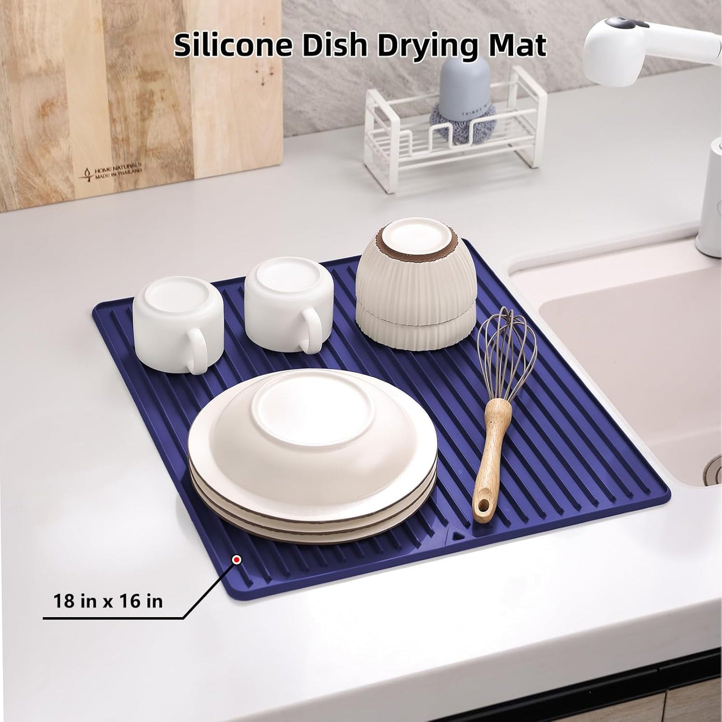 Dish Drying Mat, 16" x 18" Silicone Drying Mat for Kitchen Counter, Large & Thicker Silicone Dish Drying Pad with Raised Edges for Countertop, Multi-Purpose & Heat Resistant