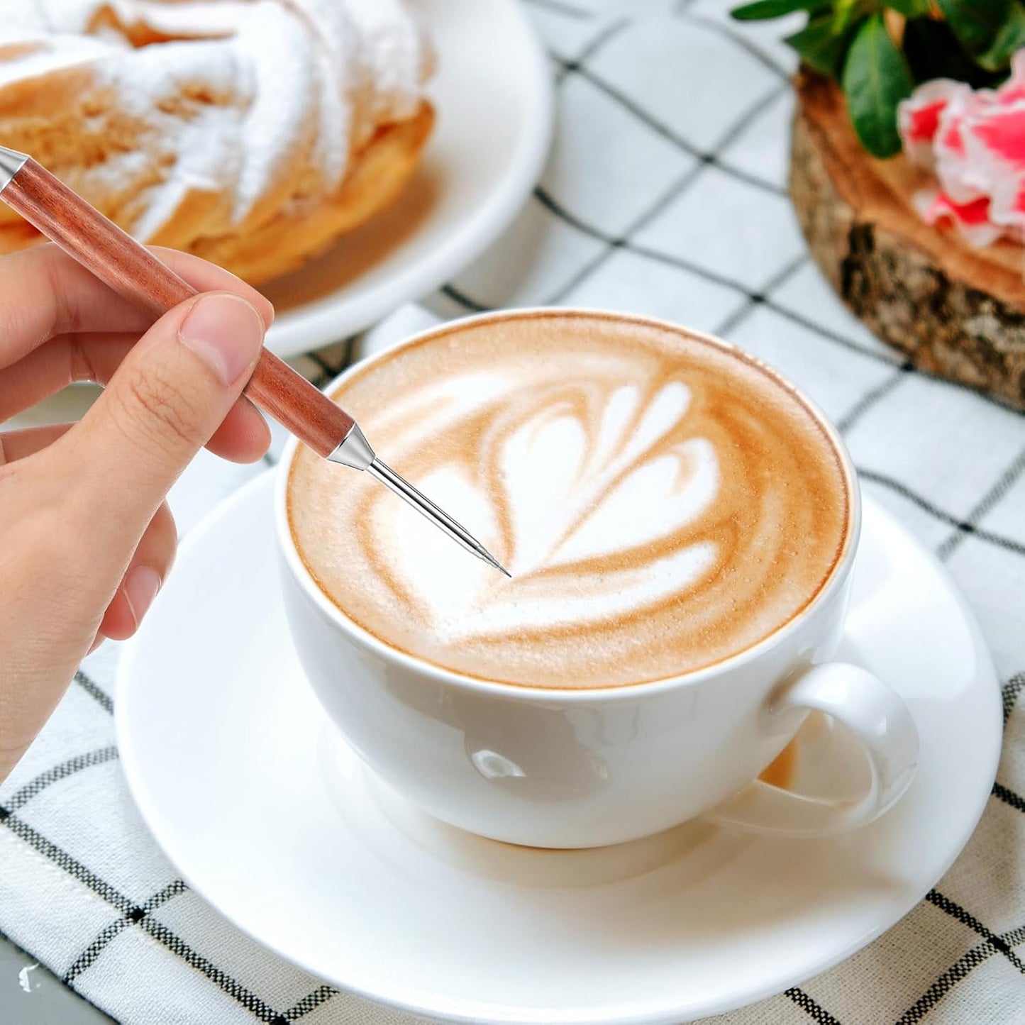 3PCS Latte Art Pen, Stainless Steel Dual-Ended Coffee Drawing Pen with Wood Handle Latte Art Tools Espresso Designs Barista Accessories Coffee Tool for Home Cafe Bar