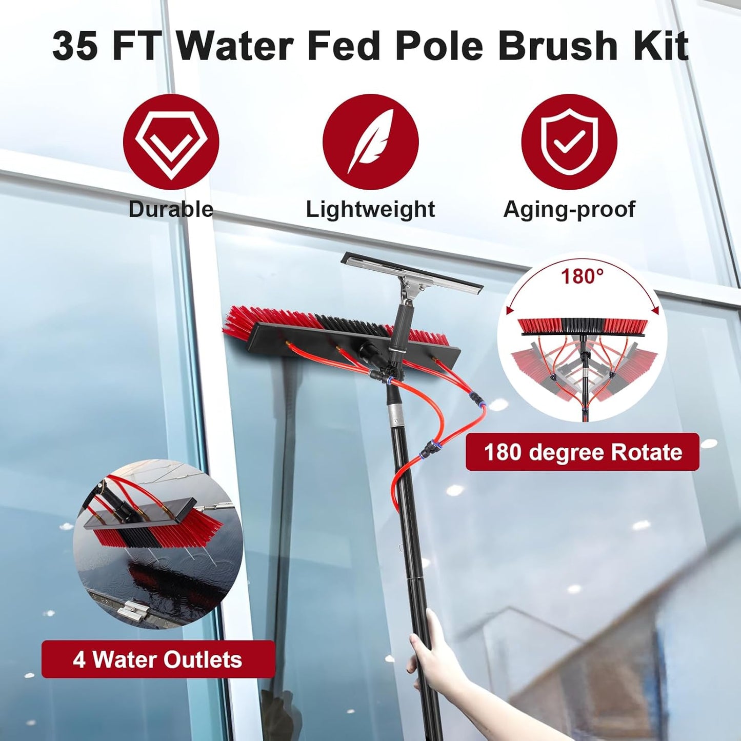35ft Long Reach Solar Panel Cleaning Brush & Squeegee Kit, Aluminum Extendable Water Fed Pole Kit, 22in Wide Brush,Squeegee, Bendable Dusting Brush, Outdoor Window Washing Equipment Tool Kit