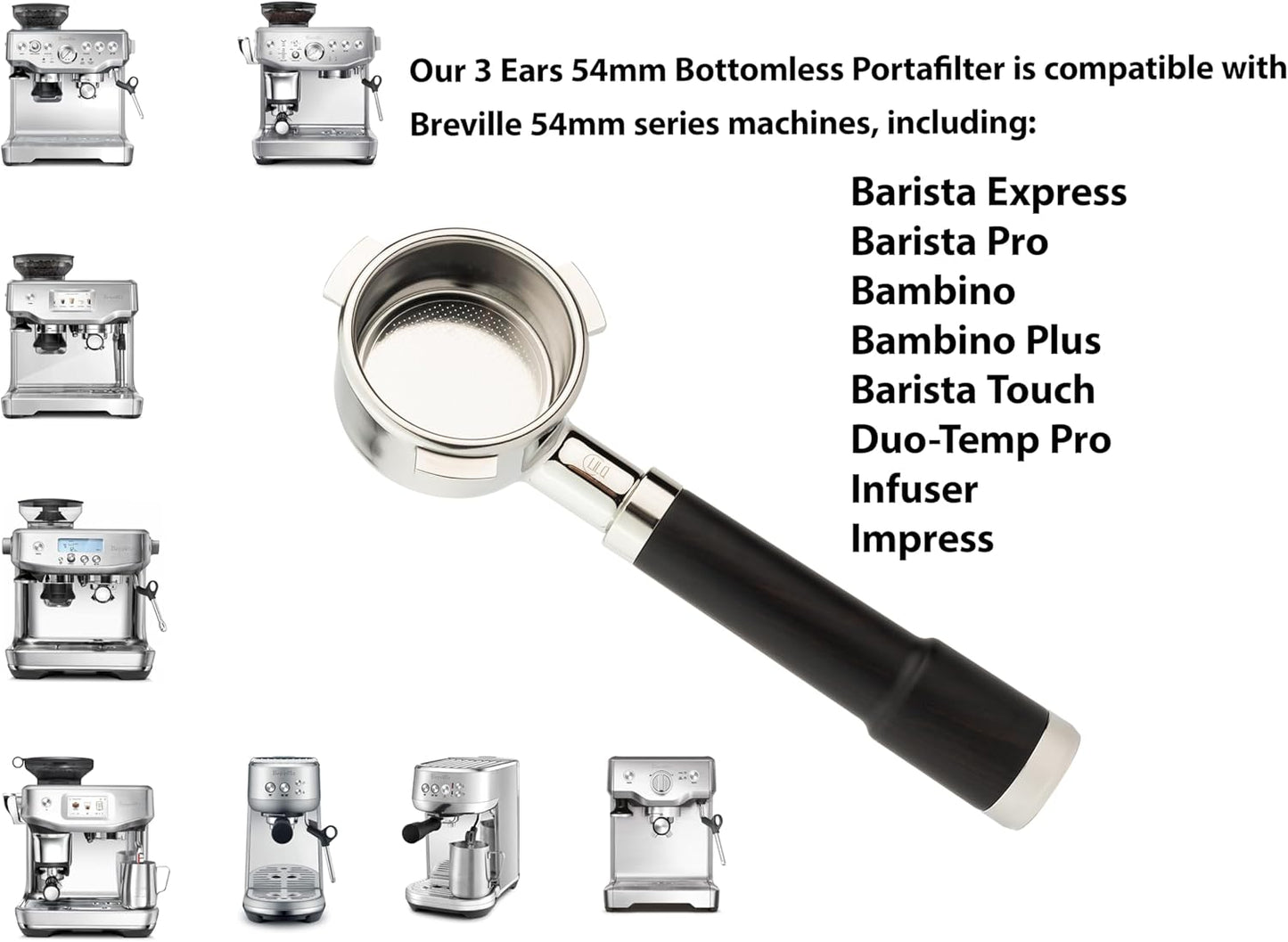 LILQ 54mm Bottomless Naked 3 Ears Portafilter Compatible with Breville Machines Stable Handle (Straight Olive, 54mm)