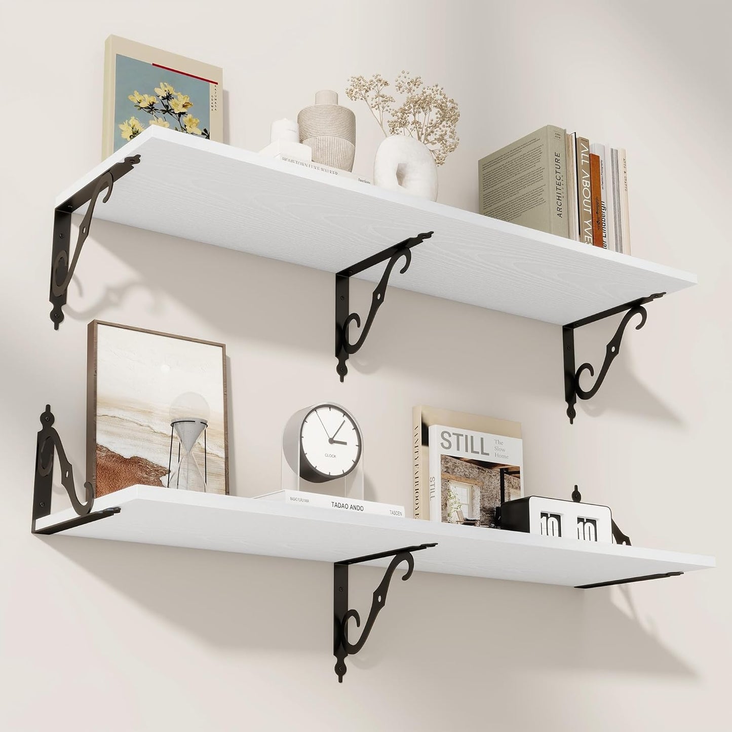 RICHFOCUS 12 Inch Deep Floating Shelves for Wall, 39" W x 12" D Wood Wall Shelves Set of 2, Wide Floating Shelves for Living Room, Bedroom, Kitchen, Bathroom and Decor Storage, White