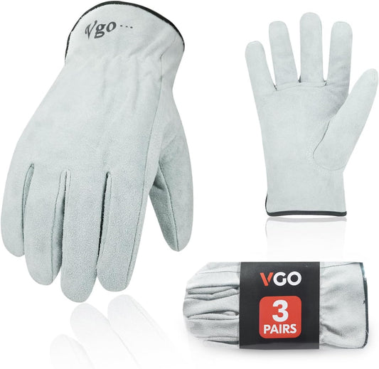 Vgo... 3-Pairs Unlined Cowhide Split Leather Work and Driver Gloves, for Heavy Duty, Truck Driving, Warehouse, Gardening, Farm (Size XL, White, CB9501)