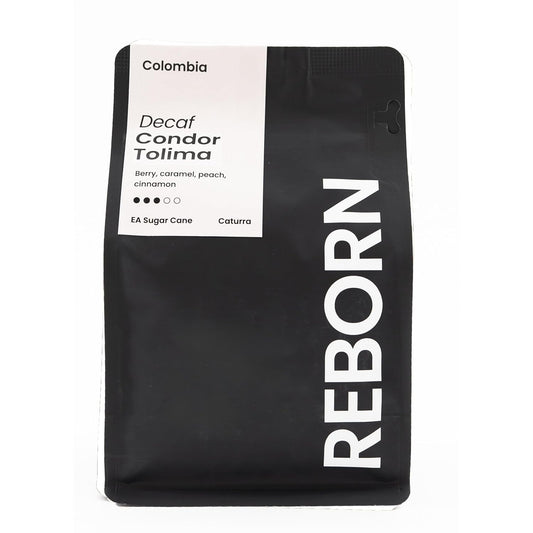 Reborn Coffee Specialty Whole Bean Decaf Coffee, Medium Roast, 12 Ounce, Colombia Condor Tolima, Flavor Notes of Berry, Caramel, Peach, and Cinnamon