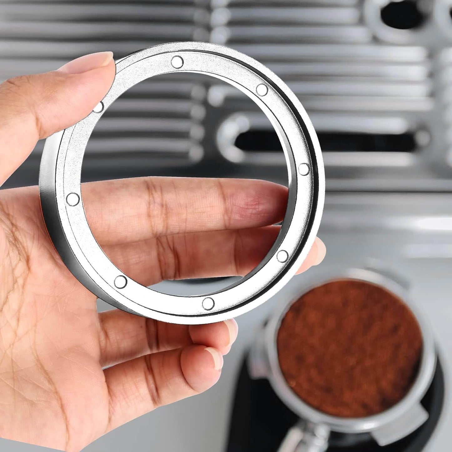 58mm Magnetic Dosing Funnel and Puck Screen Set - Espresso Coffee Dosing Ring - 19mm Anodized Aluminum with 8 magnetized Steel Compatible with 58mm Portafilter (Silver)