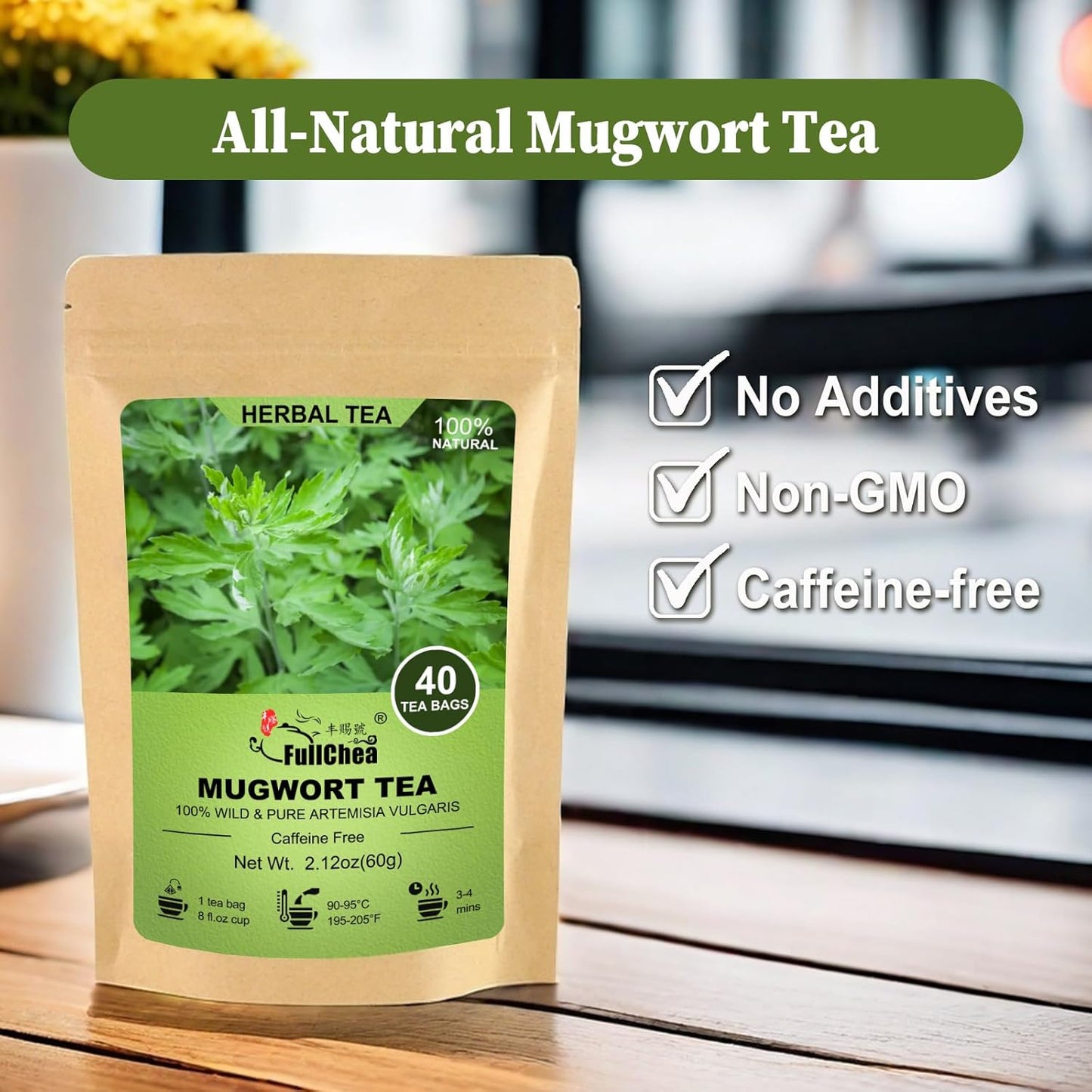 FullChea - Mugwort Tea Bag 40 Teabags, 1.5g/bag - 100% Pure Mugwort leaves Herbal Tea - Rich In Antioxidants