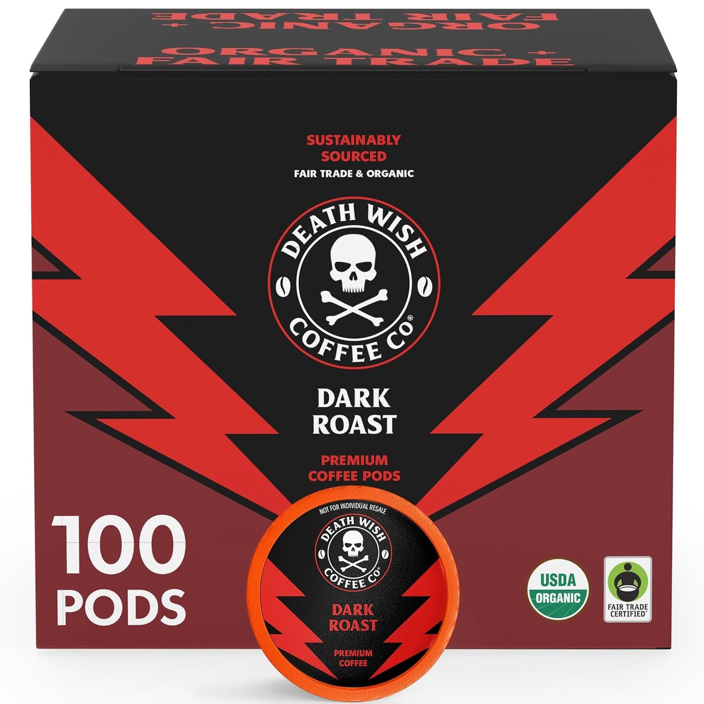 Death Wish Coffee - Single Serve Pods - Dark Roast Coffee Pods - Made with USDA Certified Organic Beans (Dark Roast, 100 Count (Pack of 1))
