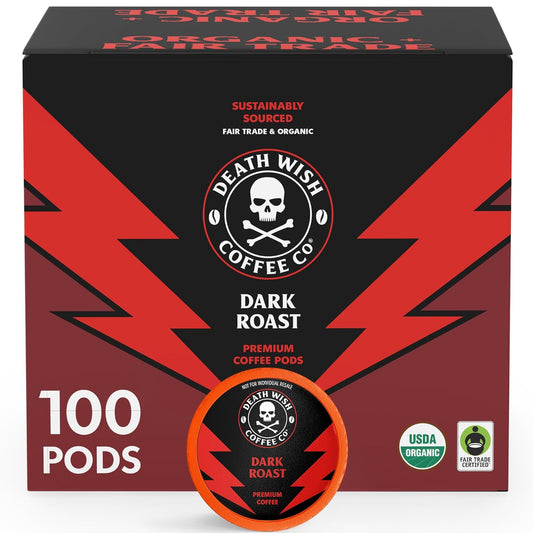 Death Wish Coffee - Single Serve Pods - Dark Roast Coffee Pods - Made with USDA Certified Organic Beans (Dark Roast, 100 Count (Pack of 1))