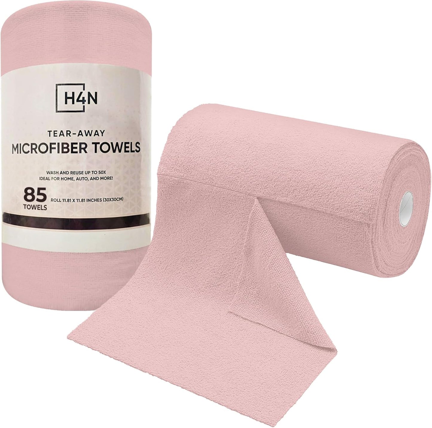 H4N Microfiber Cleaning Cloth Roll, 85 Pack Micro Fiber Wash Cloths for Car, Tear Away Towels, Ultra Absorbent Dish Rags, Non-Abrasive, Reusable and Washable Household Supplies, 11.81" x 11.81", Pink