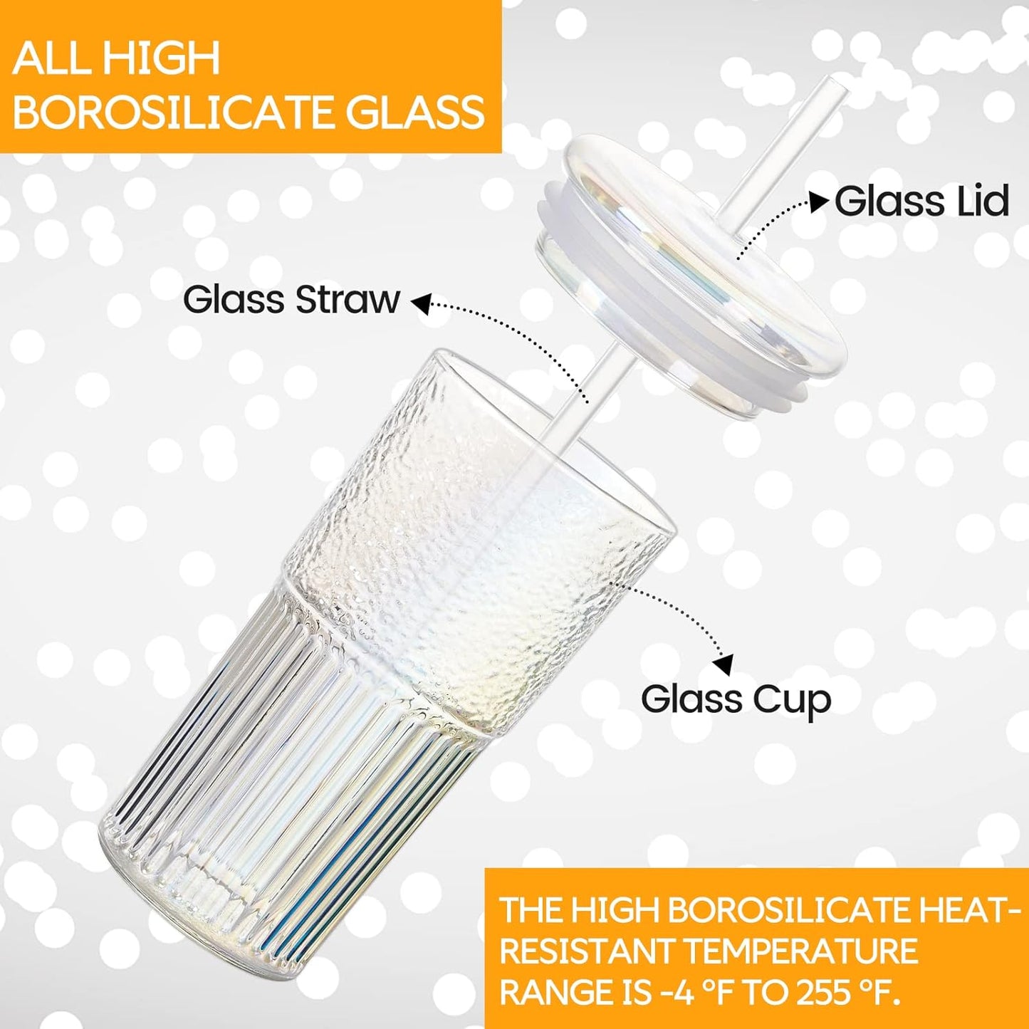 Colorful High Borosilicate Glass Cups With Lids and Glass Straws，20 OZ Rainbow Iced Coffee Water Tumbler Smoothie