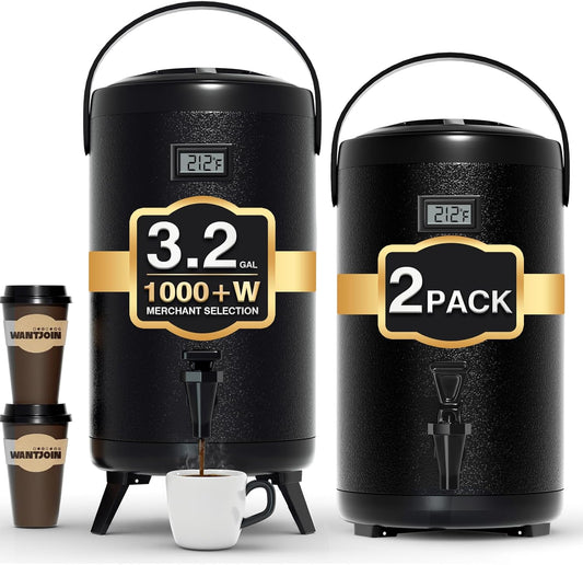 WantJoin 2-pack Insulated Beverage Dispenser-Thermal Hot and Cold Beverage Dispenser Tea Dispenser Stainless Steel 12L/3.2Gal Hot Drink Dispenser with Spigot for Hot Tea&Coffee,Cold Milk,Juice Black