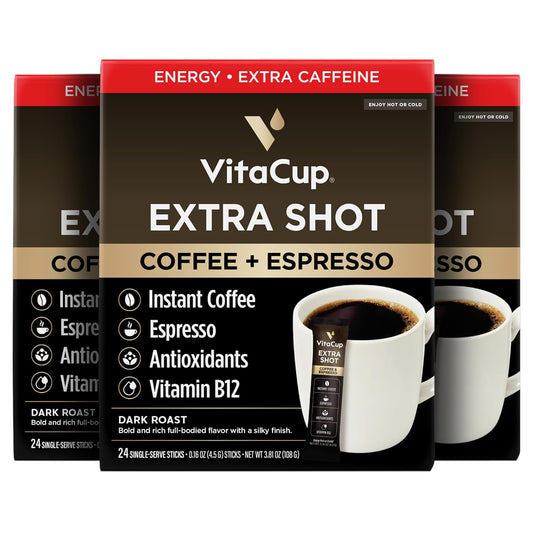 VitaCup Extra Shot Instant Coffee Packets with Espresso Shot, “Red Eye” High Caffeine, Bold Dark Roast w/Vitamin B12, Antioxidants, Premium Instant Coffee in Single Serve Sticks, 72 Ct