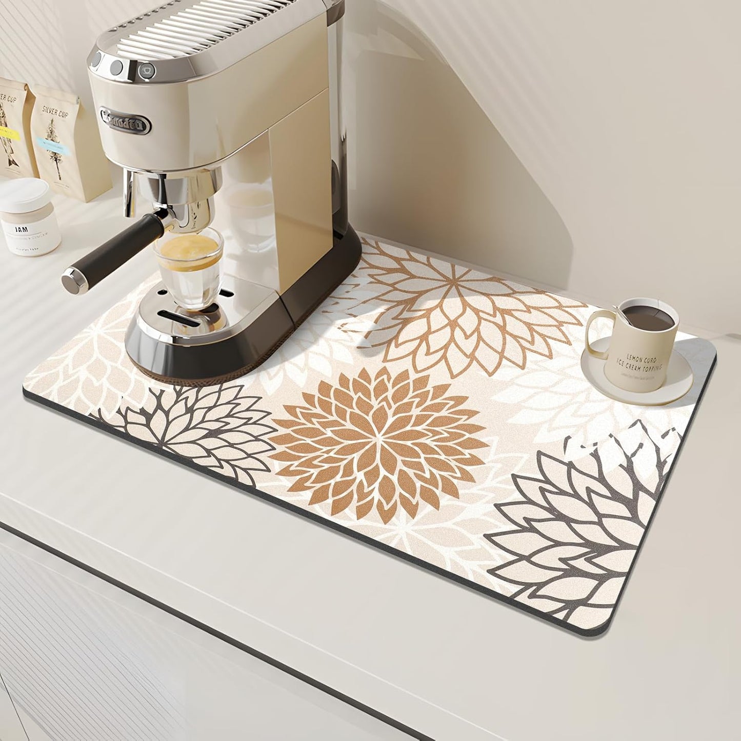 Findosom 2PCS 12" x 20" Dish Drying Mat & 24" x 5.5" Sink Splash Guard, Super Absorbent & Cuttable Dish Mat Drying Kitchen Mat with Brown Floral, Hide Stain Drying Mat for Kitchen Counter