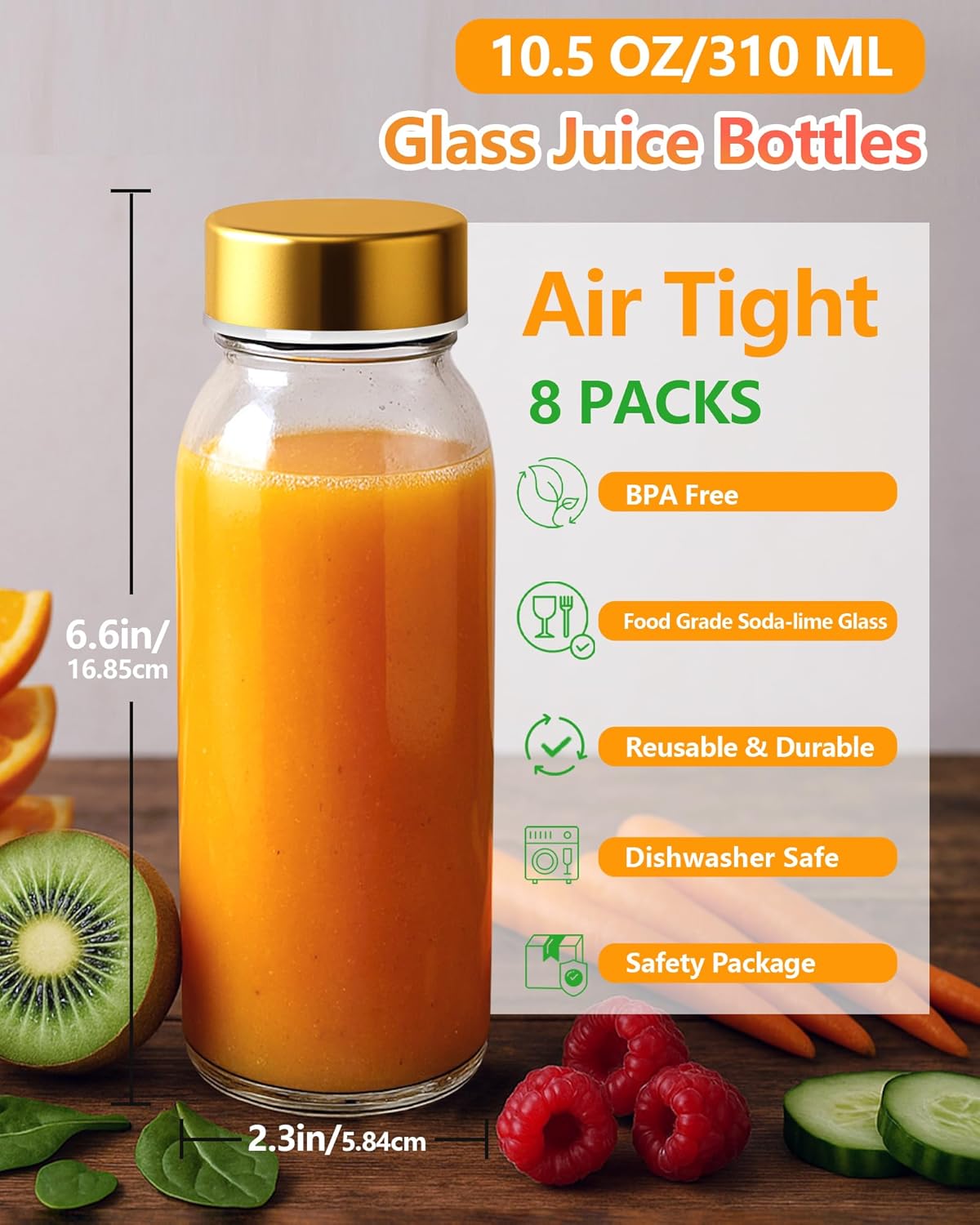 Zukro Glass Water Bottles with Lids 10 oz, Reusable Clear Juice Bottles With Stainless Steel Airtight Cap for Juicing, 100% Leak Proof Juice Drinking Jar for Ginger and Milk, BPA Free