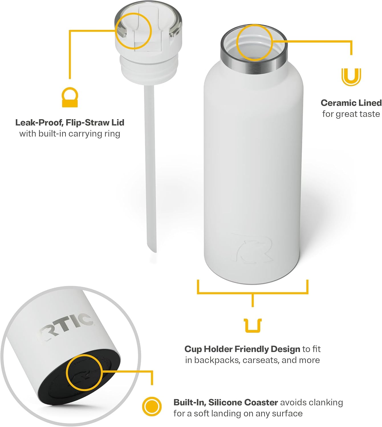 RTIC 16oz Journey Bottle Metal Stainless Steel Vacuum Insulated, BPA Free, Reusable, for Water, Hot and Cold Drinks, Travel, Sports, Camping, White