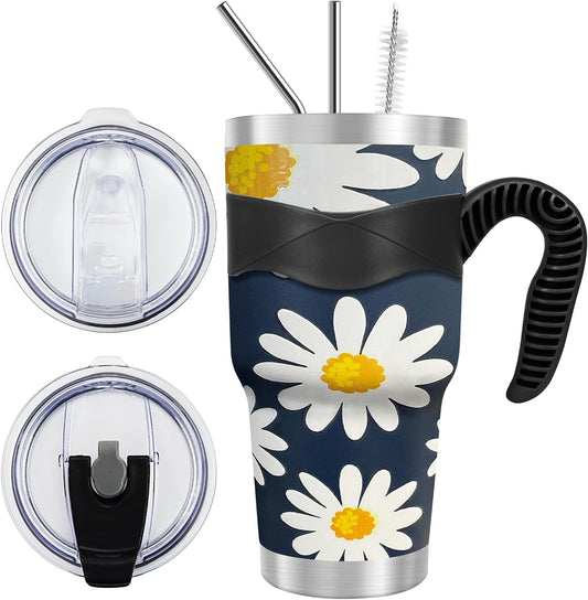 WETOWETO 30 oz Tumbler Stainless Steel Vacuum Insulated Coffee Cup with Handle, Double Wall Vacuum Coffee Tumbler for Hot and Cold drinks, Suitable for Beach, Travel (Daisy Flower, 1 Pack)