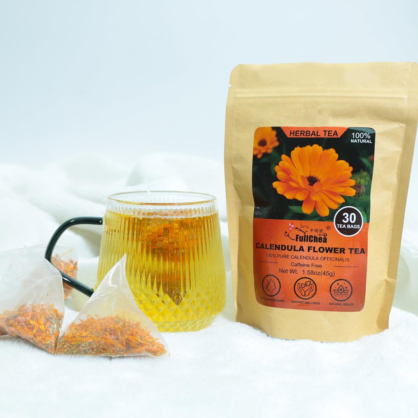 FullChea - Dried Calendula Flowers Tea, 30 Teabags, 1.5g/bag - Premium Calendula Tea For Skin Health & Support Wellness - Non-GMO - Caffeine-free - Natural Calendula Herbs