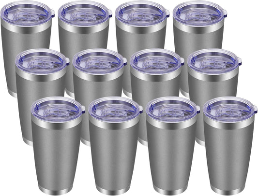 VEGOND 20oz Tumbler with Lid and Straw Stainless Steel Tumbler Cup Bulk Vacuum Insulated Double Wall Travel Coffee Mug Powder Coated Coffee Cup(Grey 12 Pack