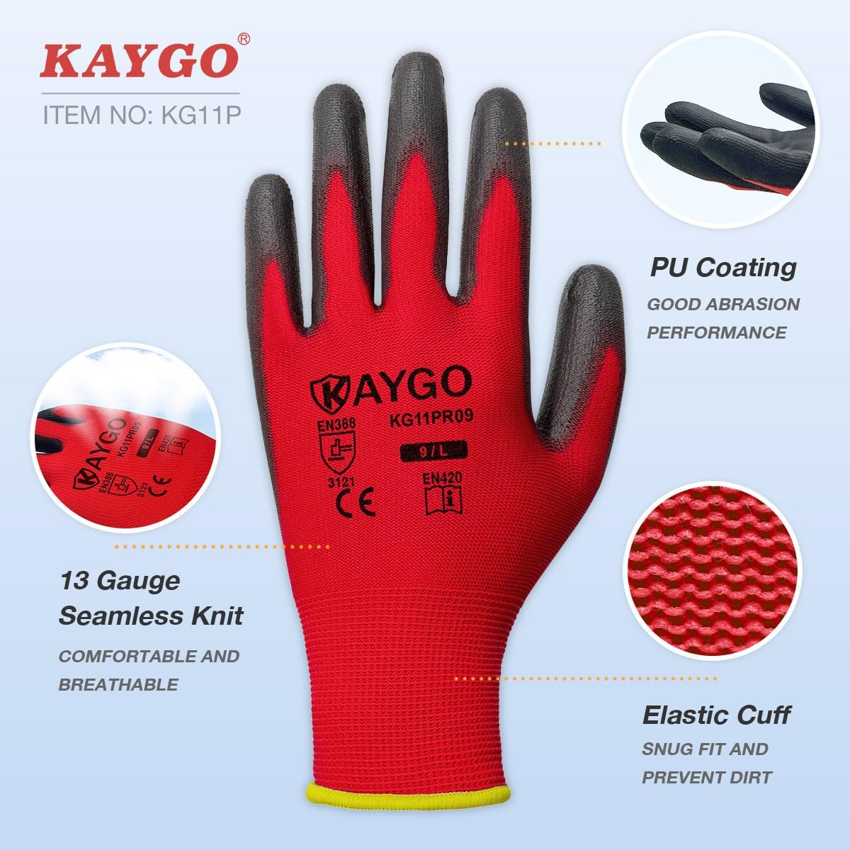 KAYGO Safety Work Gloves PU Coated for Women, 12 Pairs Seamless Knit Glove with Polyurethane Coated Smooth Grip on Palm and Fingers, Ideal for General Duty Work, KG11P (M, Red)
