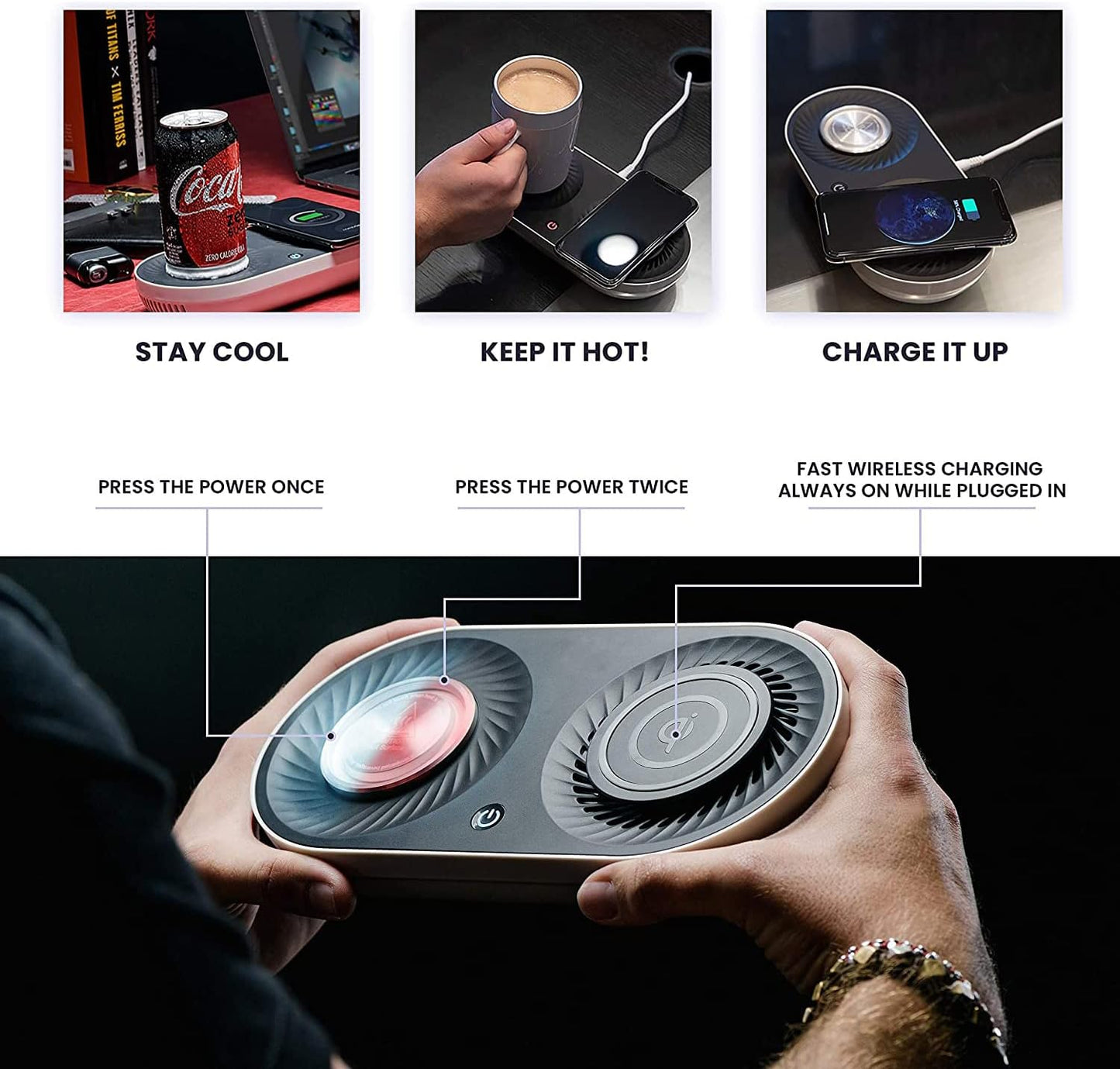 Coffee Mug Warmer, Drink Cooler with Wireless Charger, Smart Cup Warming, Beverage Cooling and Phone Charging 3 in 1 for Desk Office Gift