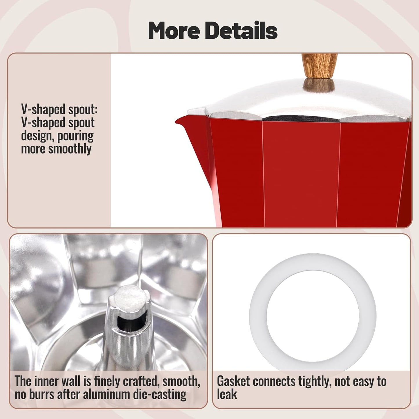 3 Cup Aluminum Moka Pot Classic Stovetop Espresso Coffee Maker 150ml 5oz Coffeemaker Percolator Mocha Pot Greca Coffee Maker Cafe Makers for Italian and Cuban Café Brewing Red