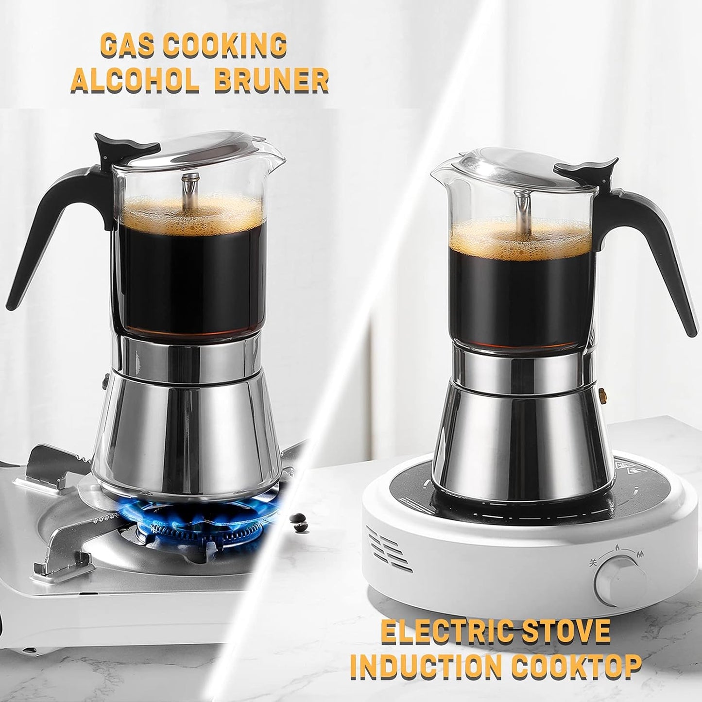 Induction Moka Pot, Crystal Glass-top & Stainless Steel Stovetop Espresso Maker,Classic Italian coffee maker (160ml)