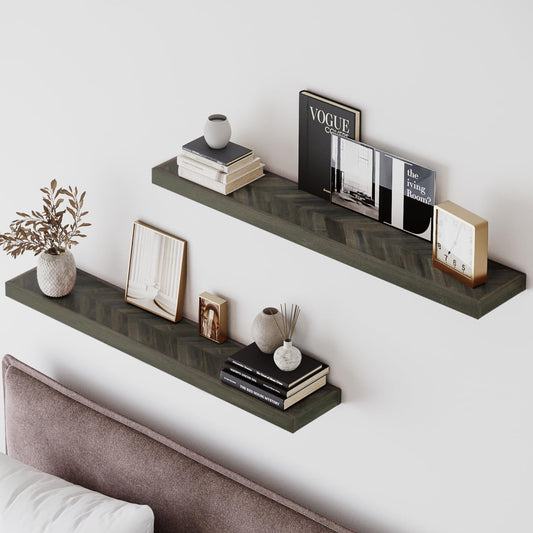 36" Acacia Chevron Floating Shelves Set of 2 - Wall Mounted Wooden Shelf for Stylish Home Décor - Mocha Color - 36x6.7x1.5 Inches