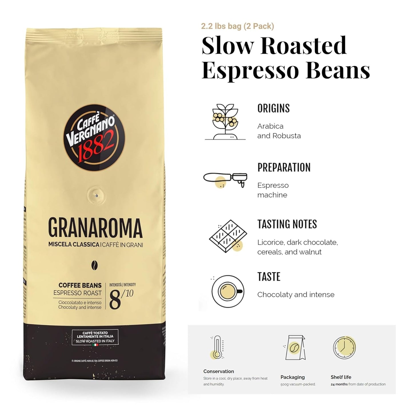 Caffe Vergnano 1882 Gran Aroma Whole Bean Arabica Medium Espresso Roast Coffee, 2.2lbs Bag - Italian Coffee Beans with Rich notes of Cocoa, Spices & Dried Fruit, Intensity 8/10-1000g Bag (2 Pk)