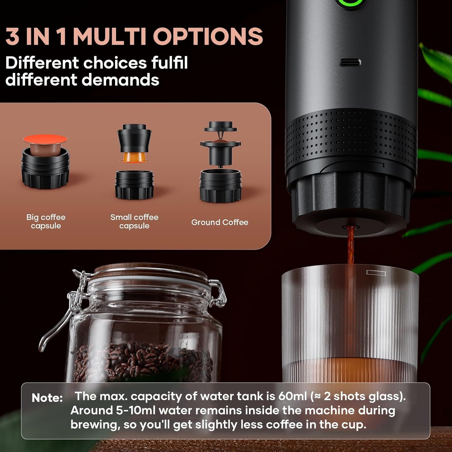 kejector Portable Coffee Maker Espresso Machine for Travel Nano Car Coffee Maker Compatible with Ground Coffee & NS Capsule for RV, Hiking Camping Office, Travel Espresso Maker Electric Gray