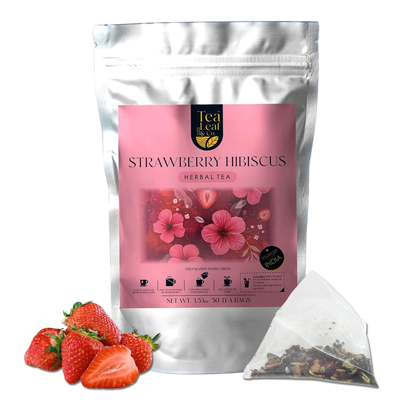 Tealeaf & Co. Strawberry Hibiscus Tea Bags Blended with Fresh Herbs and Spices - Herbal Tea Bags with Organic Spices, Berries & Dried Hibiscus Flower Extract - Low Caffeine - Gluten Free - 50 Teabags