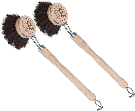 REDECKER German-Made Horse Hair Dish Brush, Soft All-Purpose Scrubber for Kitchen & Household with Strong Horse Hair Bristles, 2 inch Replaceable Brush Head, Set of 2, 9-inches Long