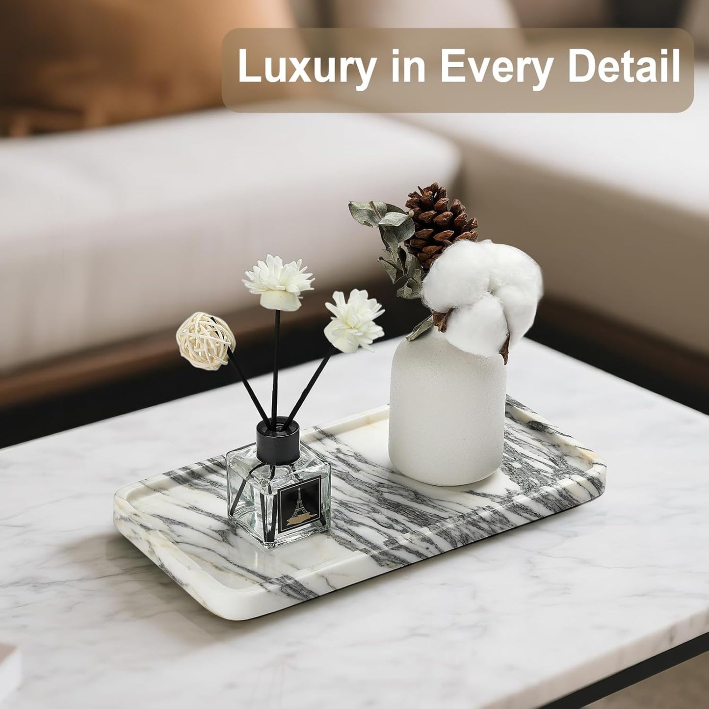 Natural Marble Vanity Tray - Moujings Genuine Marble Perfume Tray for Bathroom Decor, Stone Bathroom Vanity Organizer Tray for Kitchen Counter, Candles, Jewelry, Coffee, Makeup, Key