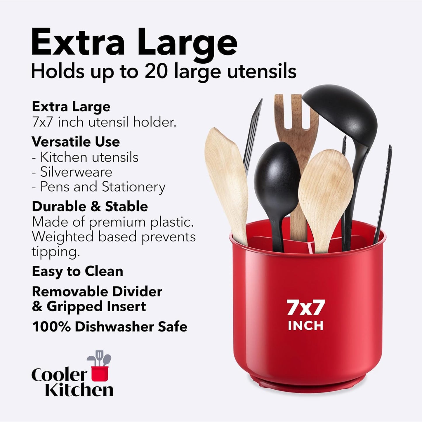 Extra Large Rotating Red Utensil Holder with Sturdy No-Tip Weighted Base, Removable Divider, and Gripped Insert | Rust Proof and Dishwasher Safe Kitchen Utensils Holder by Cooler Kitchen 7*7 Inches