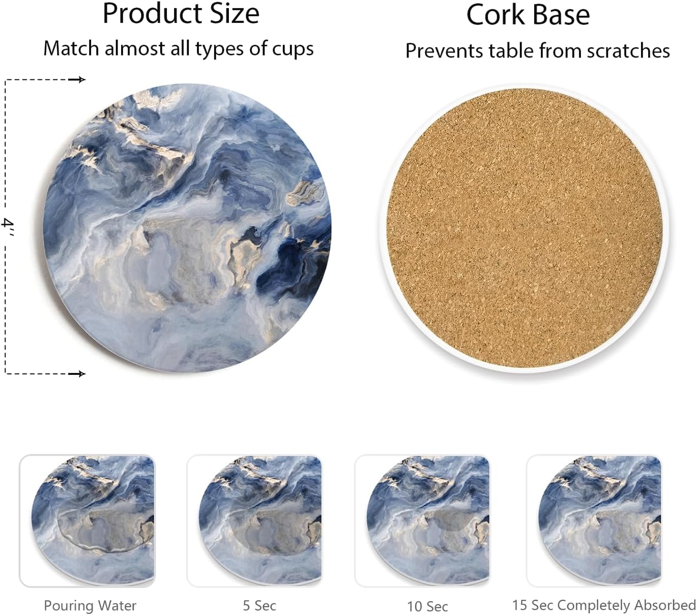 Set of 6 Abstract Navy Blue Marble Coasters with Holder, Absorbent Ceramic Drink Coasters for Table Protection, Housewarming Gifts for New Home